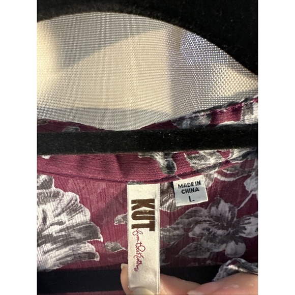 Kut From The‎ Kloth Womens Burgundy Grey Floral Sheer Button Down Shirt L - Picture 3 of 7